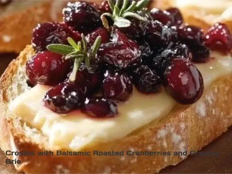 Crostini topped with balsamic roasted cranberries and creamy brie cheese