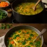 Curried chicken soup with lentils, rice, and spinach in a bowl.