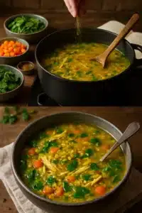 Curried chicken soup with lentils, rice, and spinach in a bowl.