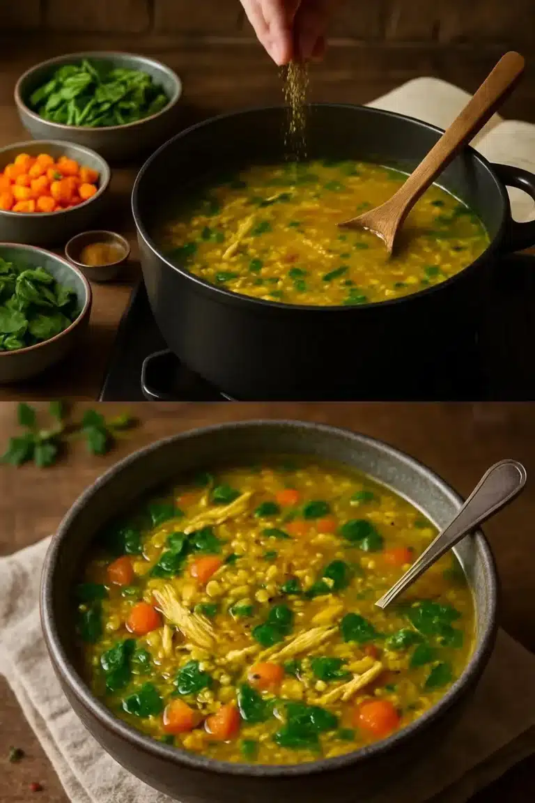 Curried chicken soup with lentils, rice, and spinach in a bowl.
