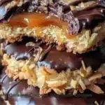Decadent caramel coconut chocolate cookies on a plate