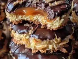 Decadent caramel coconut chocolate cookies on a plate