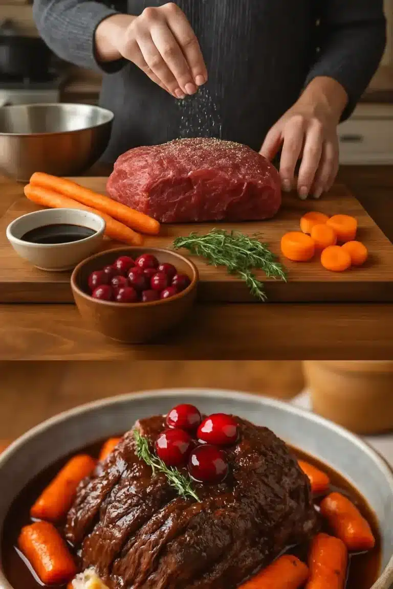 Delicious fall-apart balsamic beef with a sweet cranberry glaze