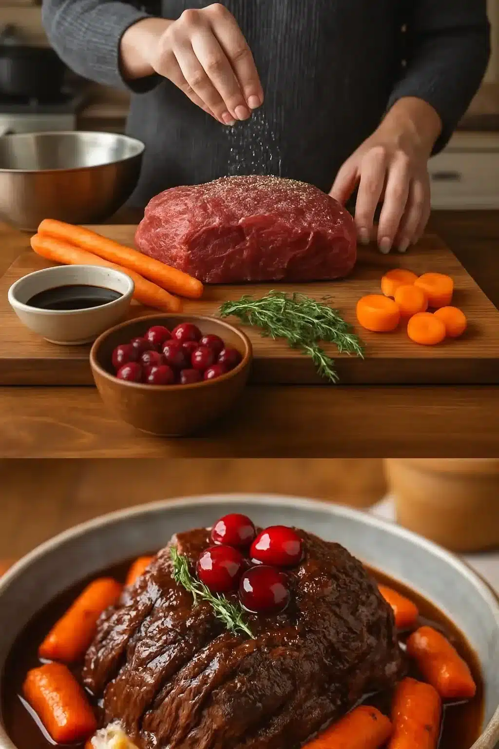 Delicious fall-apart balsamic beef with a sweet cranberry glaze