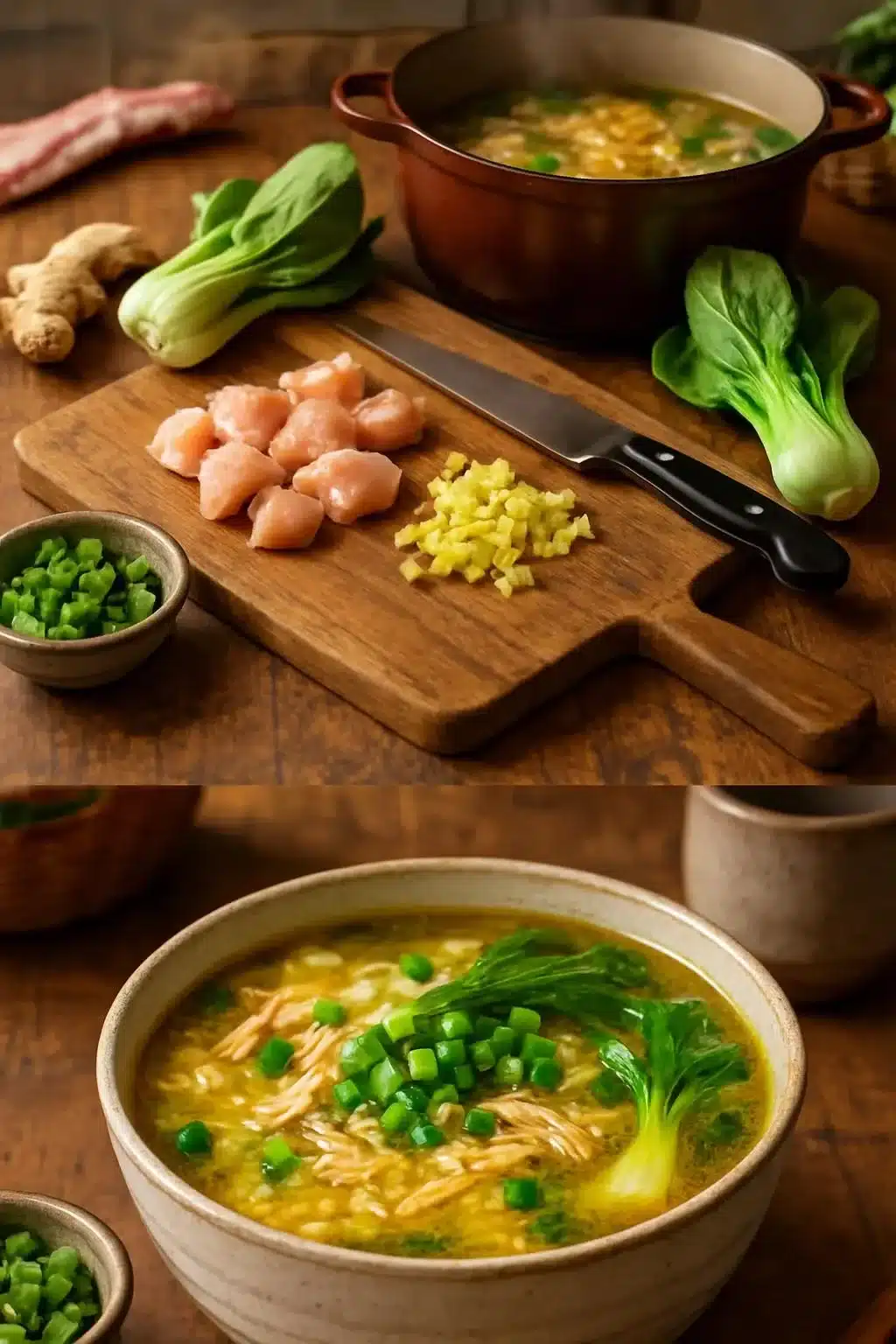Bowl of Ginger Chicken Soup with Bok Choy and Rice