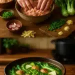 Delicious ginger chicken meatball soup with bok choy and wonton strips