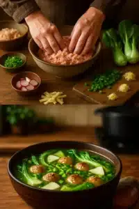 Delicious ginger chicken meatball soup with bok choy and wonton strips