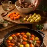 A delicious bowl of hearty beef and vegetable stew ready to serve.