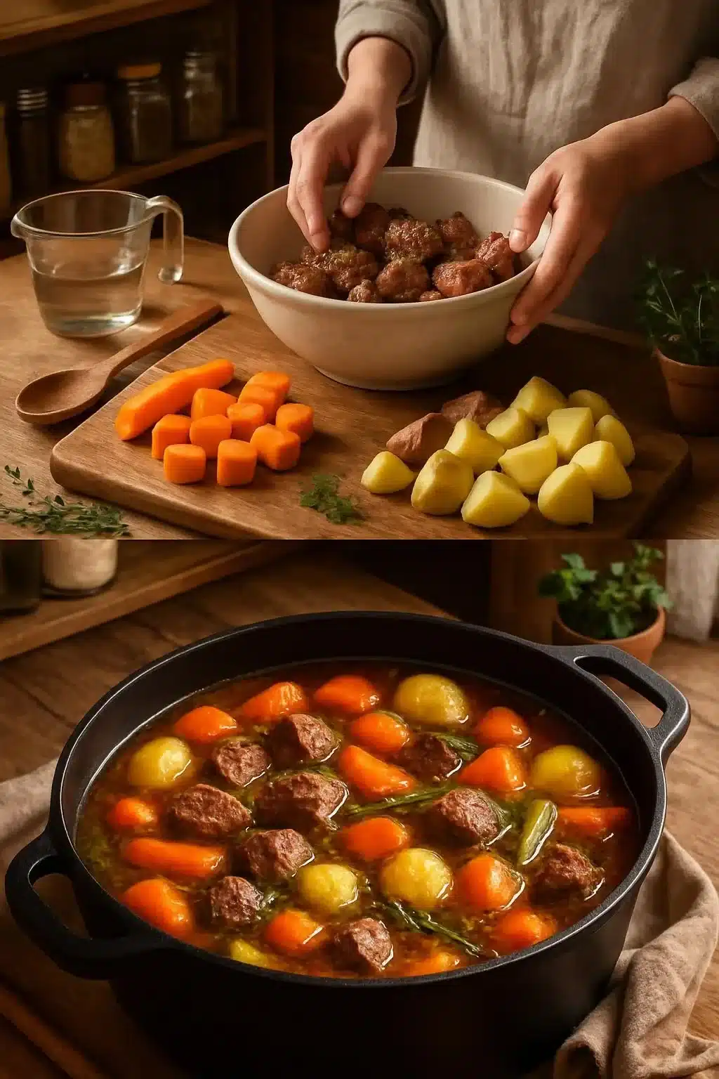 A delicious bowl of hearty beef and vegetable stew ready to serve.