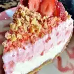 Slice of irresistible strawberry crunch cheesecake topped with fresh strawberries.