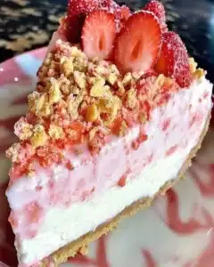 Slice of irresistible strawberry crunch cheesecake topped with fresh strawberries.