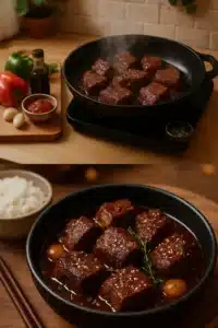 Korean-Style Gochujang Pot Roast served with vegetables and rice