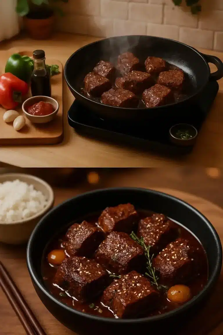 Korean-Style Gochujang Pot Roast served with vegetables and rice