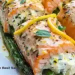 Lemon Basil Salmon Rolls garnished with fresh basil and lemon slices.
