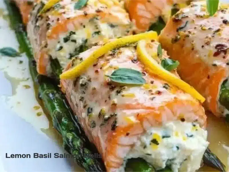 Lemon Basil Salmon Rolls garnished with fresh basil and lemon slices.