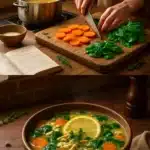 Bowl of lemon chicken orzo soup with spinach and fresh ingredients