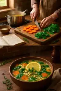 Bowl of lemon chicken orzo soup with spinach and fresh ingredients