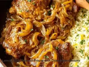Lemon Dijon Chicken Thighs with caramelized onions on a plate