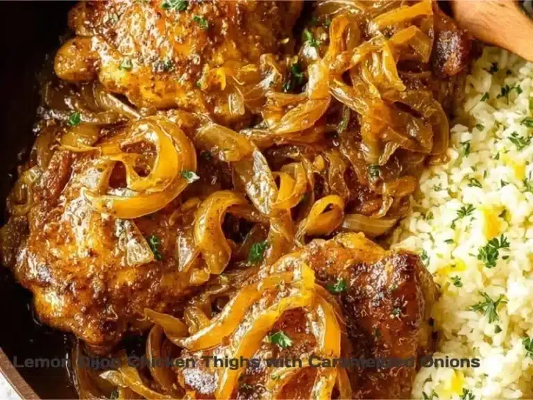 Lemon Dijon Chicken Thighs with caramelized onions on a plate
