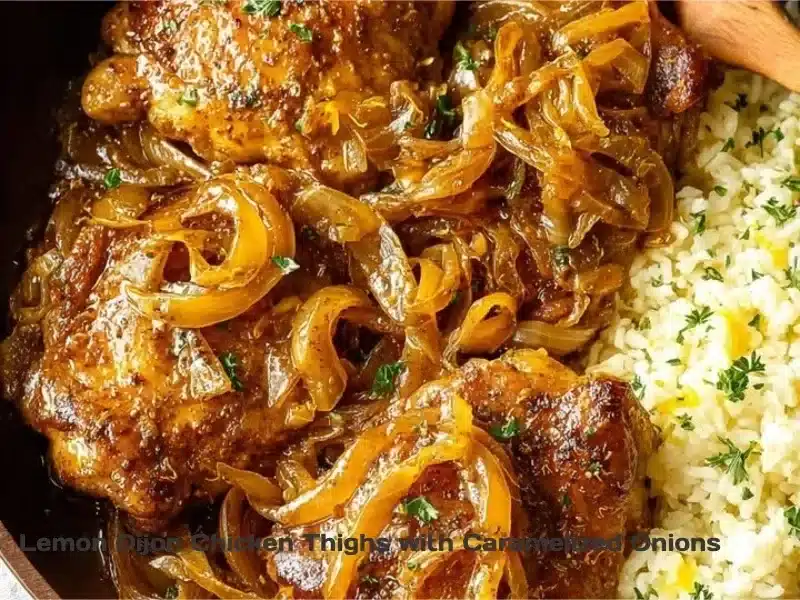 Lemon Dijon Chicken Thighs with caramelized onions on a plate