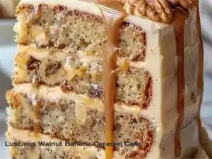 Luscious Walnut Banana Caramel Cake with walnuts and banana slices