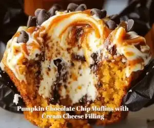 Pumpkin Chocolate Chip Muffins with creamy filling baked to perfection