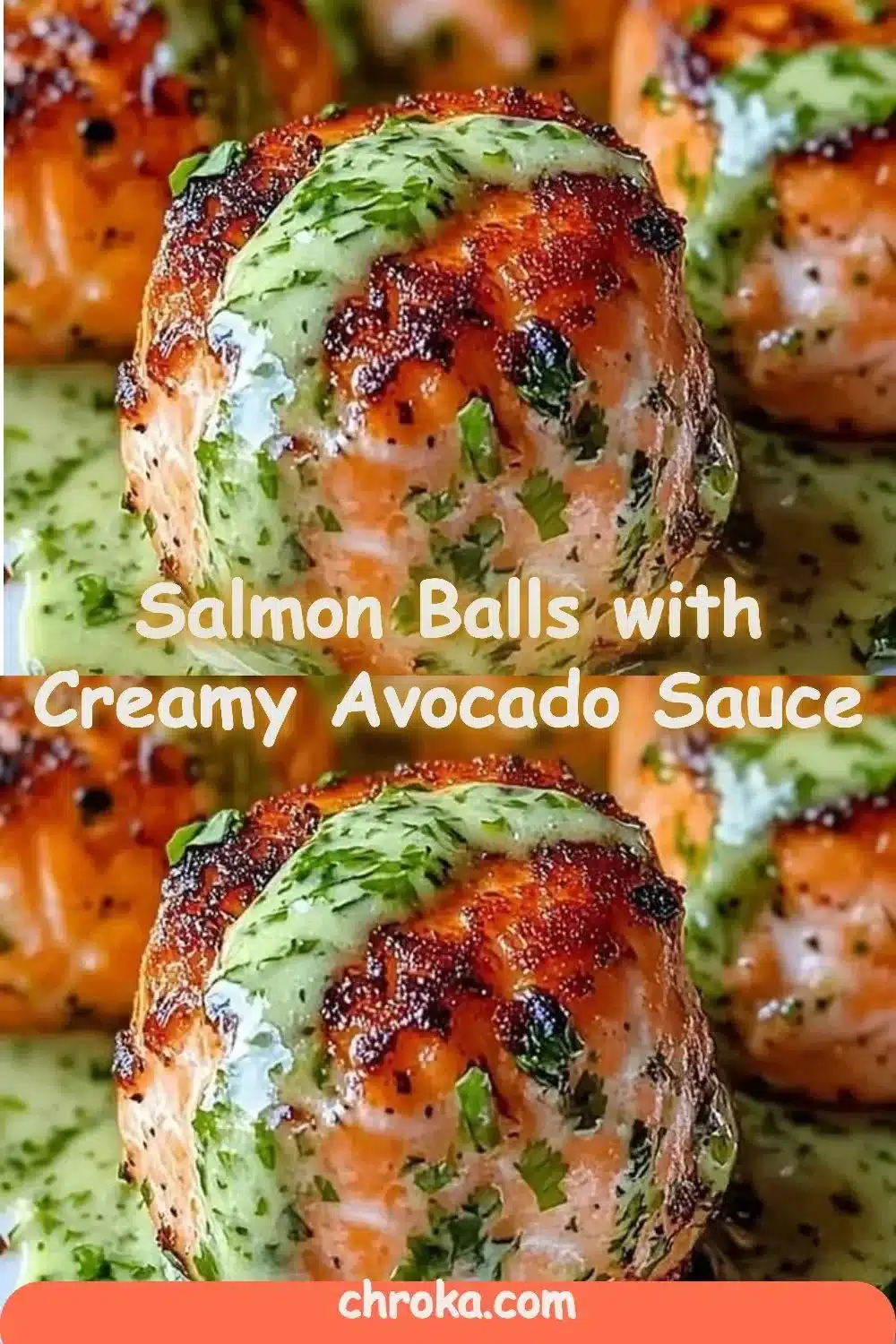 Salmon balls served with creamy avocado sauce on a plate