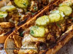 Delicious spicy Nashville chicken hoagies with fresh toppings and a toasted bun.