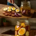 Tangy pickled eggs with sausage and onions served in a jar