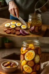 Tangy pickled eggs with sausage and onions served in a jar
