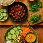 Thai Peanut Chicken Noodle Bowl with vibrant ingredients and garnishes
