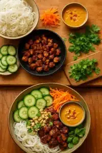 Thai Peanut Chicken Noodle Bowl with vibrant ingredients and garnishes