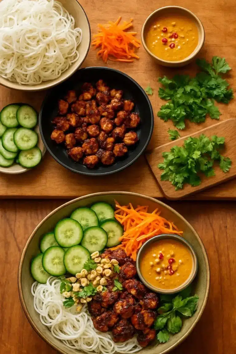 Thai Peanut Chicken Noodle Bowl with vibrant ingredients and garnishes