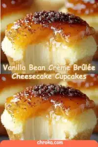 Vanilla Bean Crème Brûlée Cheesecake Cupcakes 5 Delicious Vanilla Bean Crème Brûlée Cheesecake Cupcakes topped with caramelized sugar.