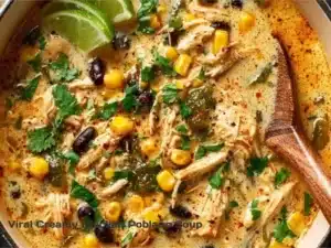Bowl of viral creamy chicken poblano soup garnished with cilantro and lime.