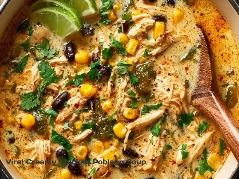 Bowl of viral creamy chicken poblano soup garnished with cilantro and lime.