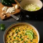 Bowl of creamy chicken poblano soup garnished with cilantro and lime.