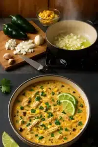 Bowl of creamy chicken poblano soup garnished with cilantro and lime.