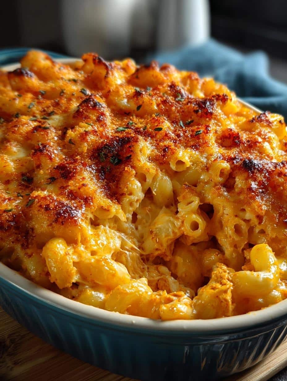 Buffalo Chicken Mac Cheese topped with breadcrumbs