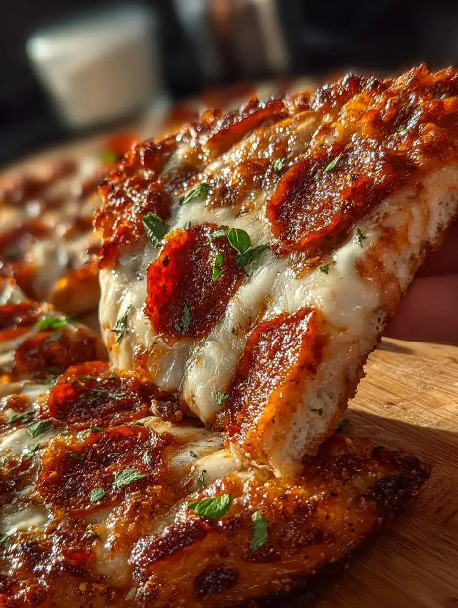 Irresistible Chicken Crust Pizza fresh from the oven on a wooden board