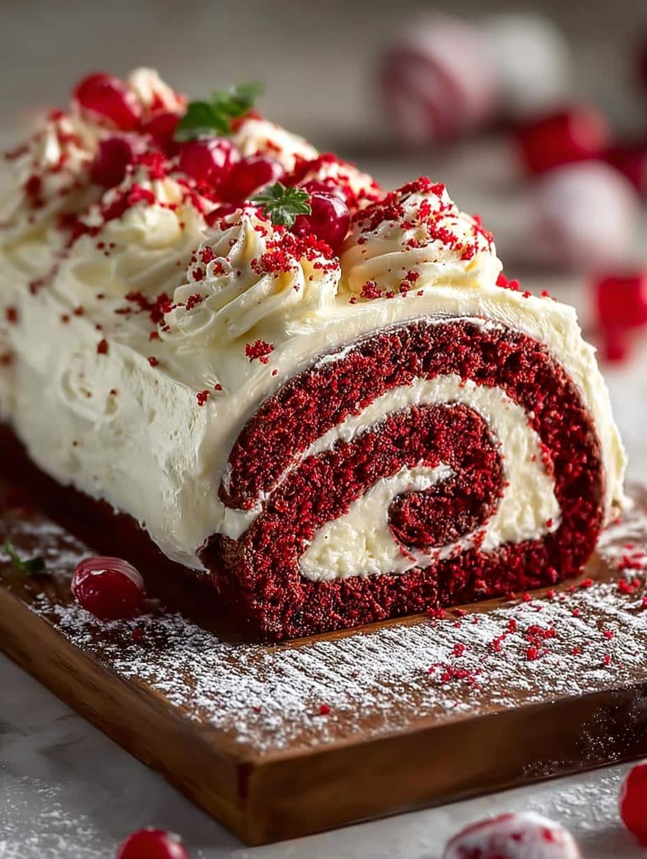 Irresistible Red Velvet Yule Log with cream cheese filling on a festive table