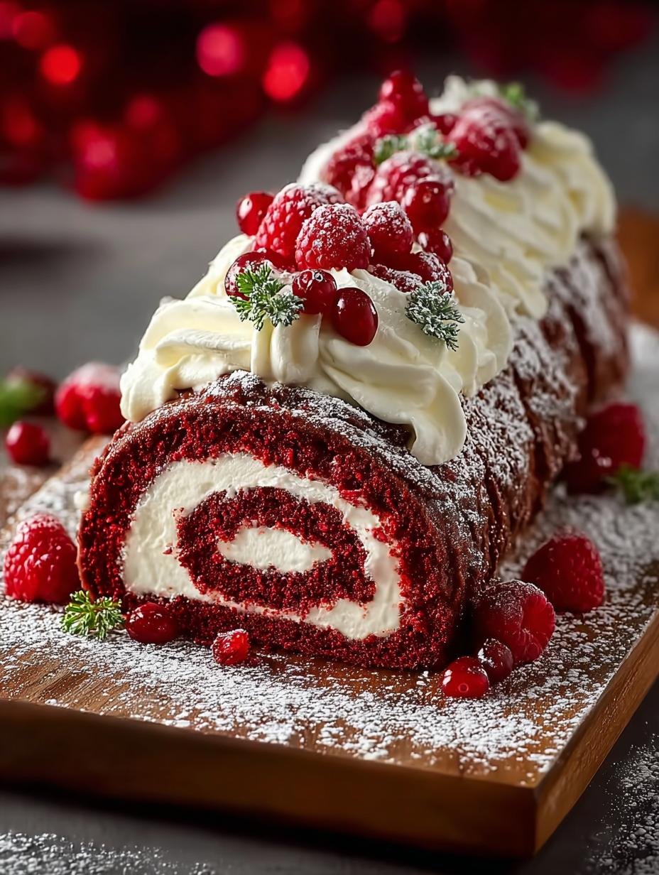 Close-up of Red Velvet Yule Log decorated with raspberries and star anise