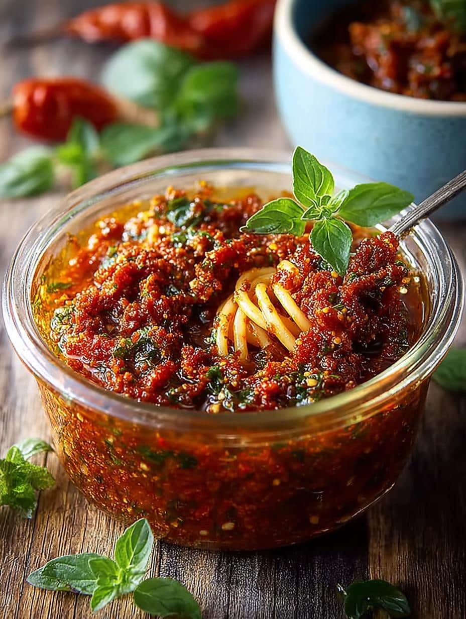 Sun Dried Tomato Pesto: 5 Ways to Enjoy This Flavorful Sauce 2 Sun Dried Tomato Pesto: 5 Ways to Enjoy This Flavorful Sauce - Sun Dried Tomato Pesto - main visual representation