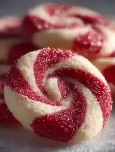 Delicious homemade Candy Cane Cookies decorated with crushed candy canes.