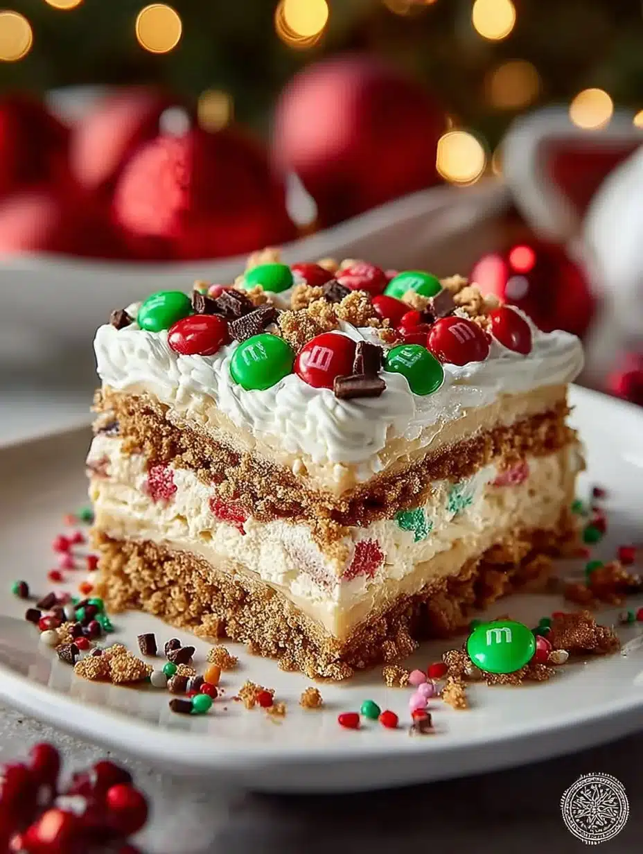 Delicious Christmas Dessert Lasagna with layers of creamy goodness and festive toppings