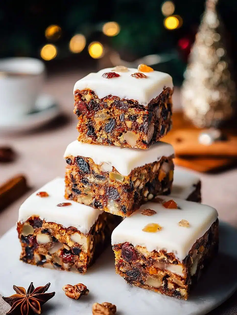 Delicious Christmas Fruitcake Traybake served on a festive platter.