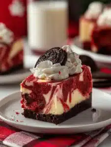 Decadent Christmas red velvet cheesecake topped with cream cheese frosting
