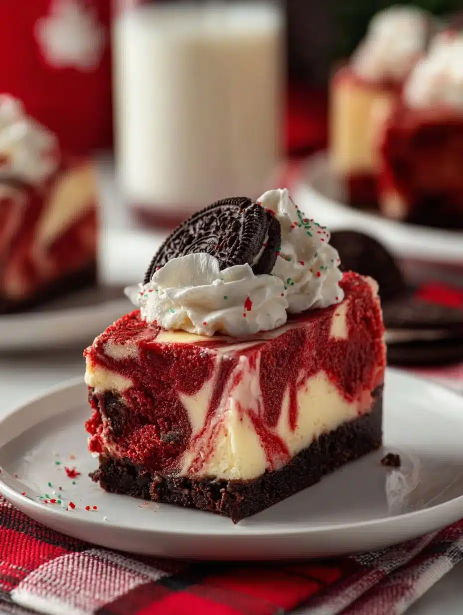 Decadent Christmas red velvet cheesecake topped with cream cheese frosting