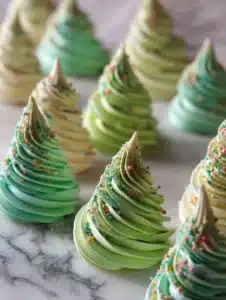 Colorful Christmas Tree Meringues decorated for the holiday season