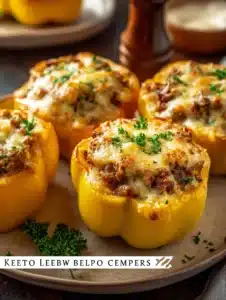 Creamy keto low carb stuffed bell peppers filled with savory ingredients